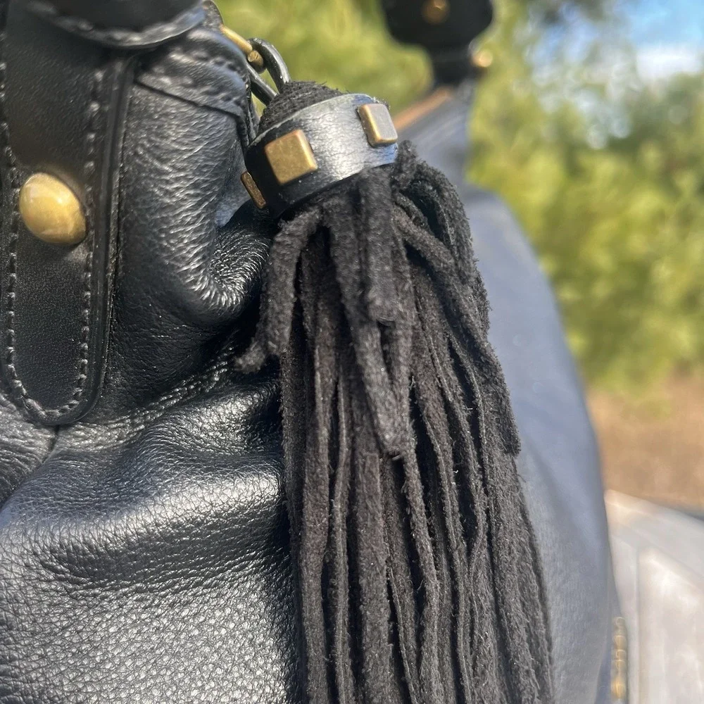 Calvin Klein Hobo Shoulder Bag Black Pebbled Leather Studded Tassel Accent Purse